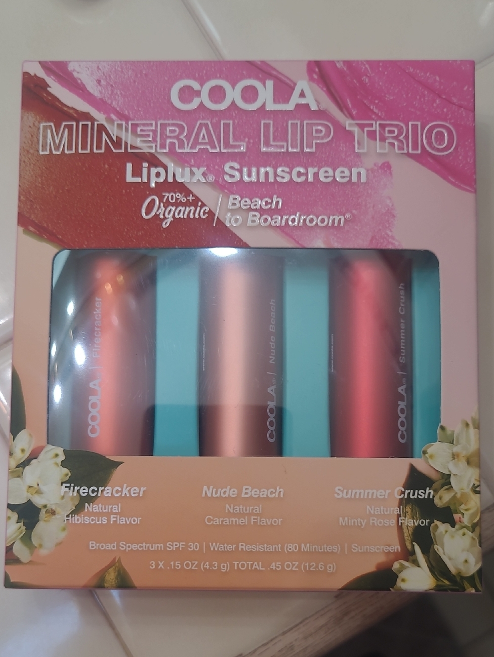 COOLA Mineral Lip Trio - Firecracker, Nude Beach & Summer Crush (Pink/Coral/Red)